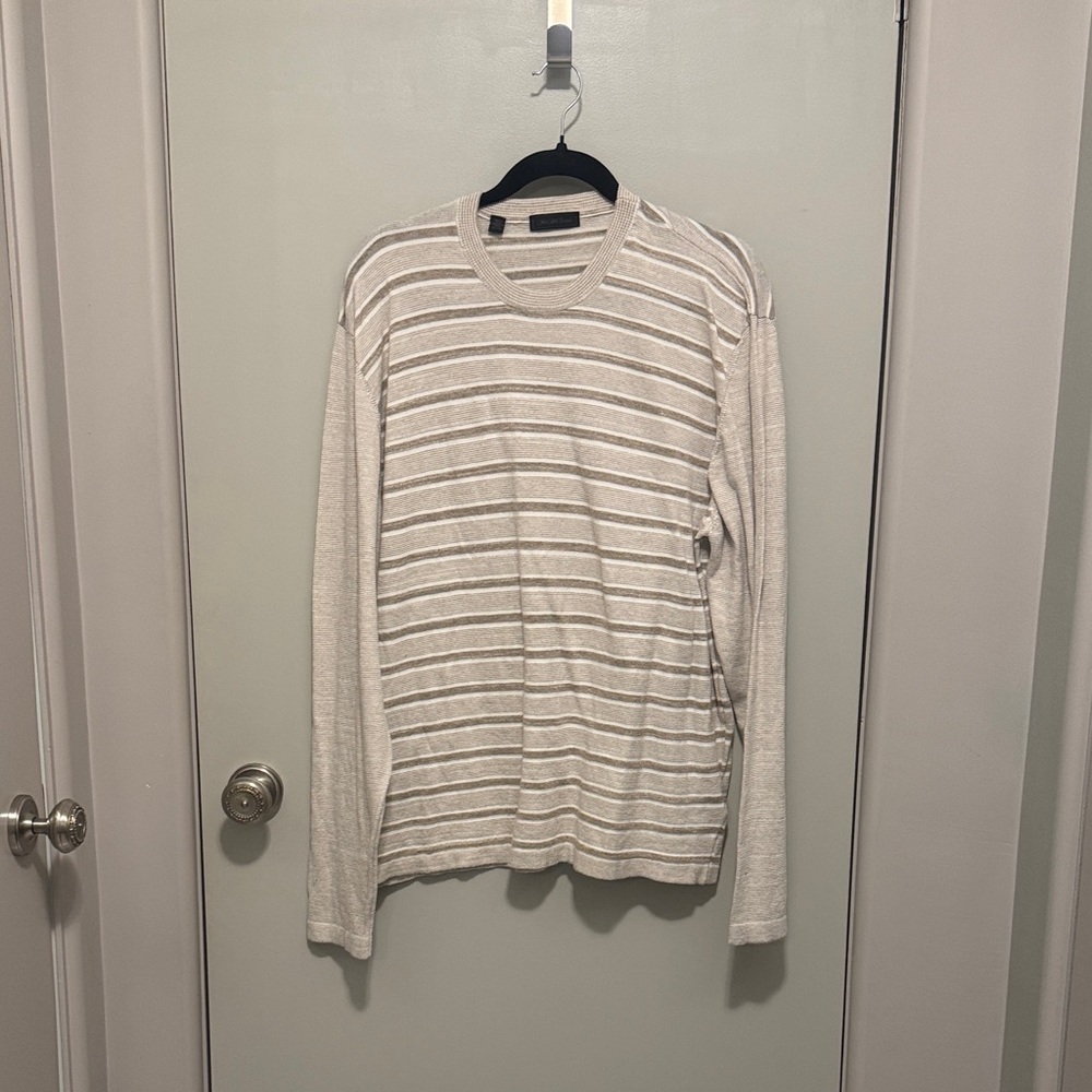 Saks Fifth Avenue Cream and White Striped Crewneck Sweater